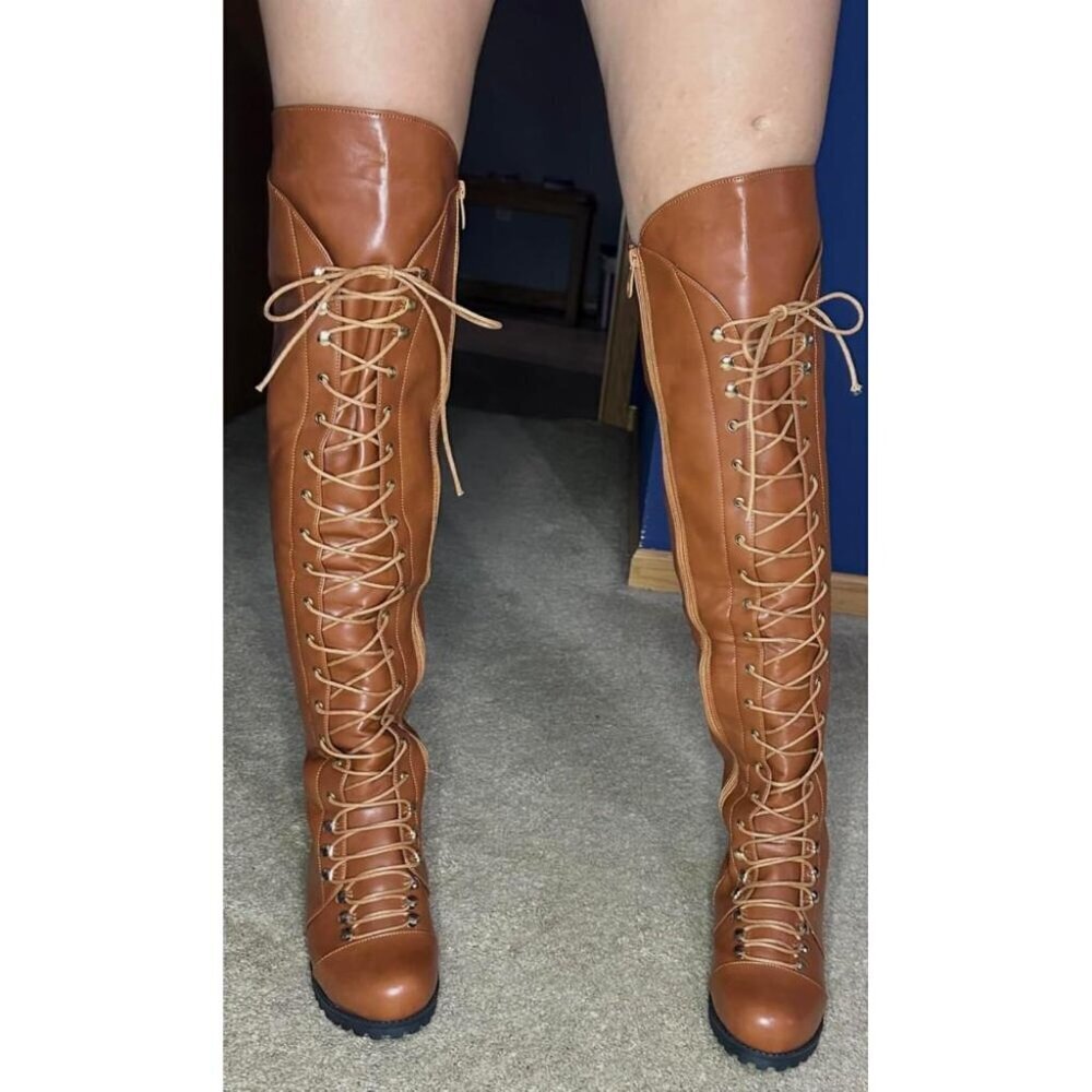 🆕Women's Brown Faux Leather Over The Knee Square Toe Thigh High Combat Boots